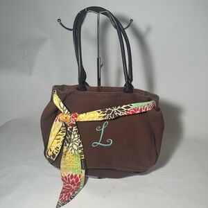 Brown Tote Bag with Colorful Scarf Accent